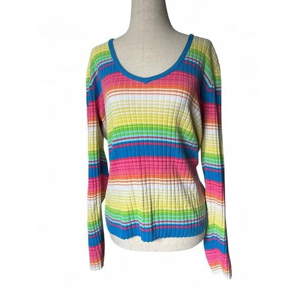 Vintage Y2K Tommy Hilfiger Rainbow Striped V Neck Sweater Womens XL - Picture 1 of 7